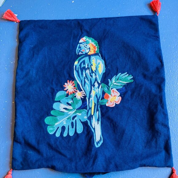 Embroidered Parrot Throw Pillow, Tassels, EUC - Picture 1 of 6